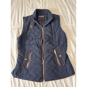Zara Woman Navy Quilted Zip Utility Vest Women’s Size L Gold Zip Trim